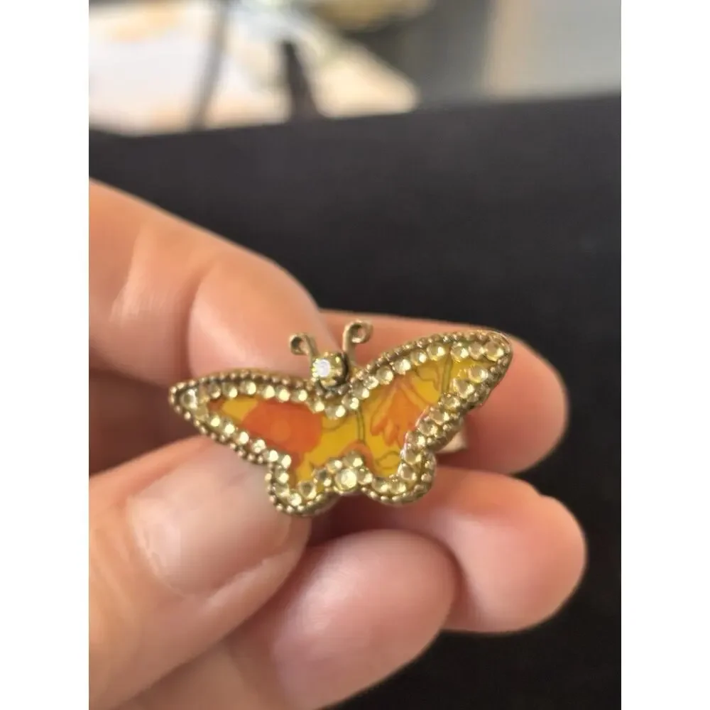 Pilgrim Denmark Enamel Butterfly Crystal Ring Bronze Silver Tone Sz 6 Boho
